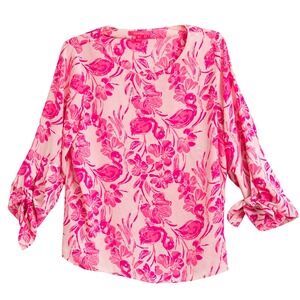 Lilly Pulitzer Sz XL Pink Flamingo NWOT! Langston Top Scoop Neck Tie Sleeve Bold